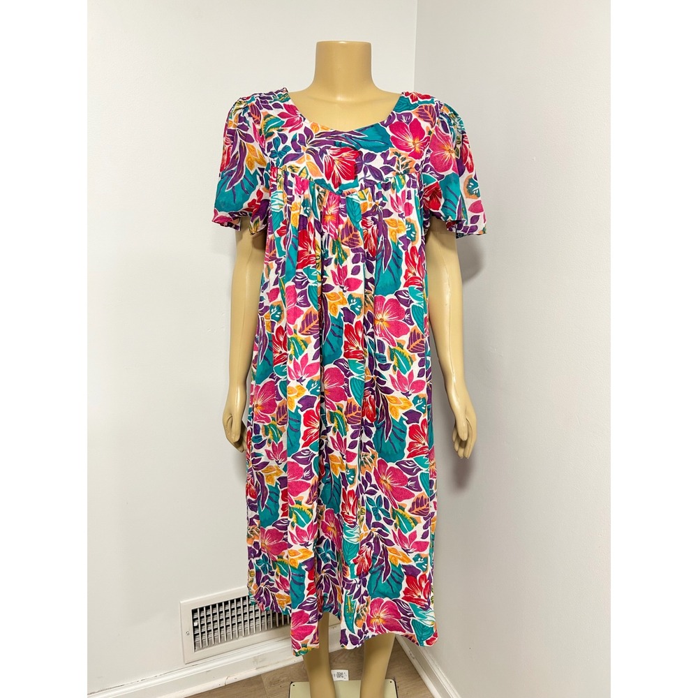 Sita Vintage Hawaiian Floral Cotton Muumuu Dress Womens Small Pink Teal Tropical